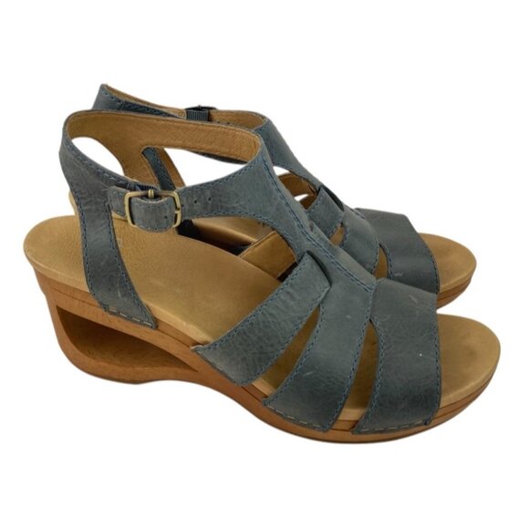 Dansko Shoes - Dansko Trudy Wedge Sandals Women’s Size 40 Blue Leather Comfort Strappy Heel